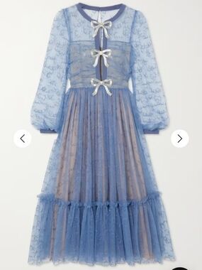 Saloni Camille Bow-Embellished Tiered Embroidered Tulle Midi Dress Blue US6 $850